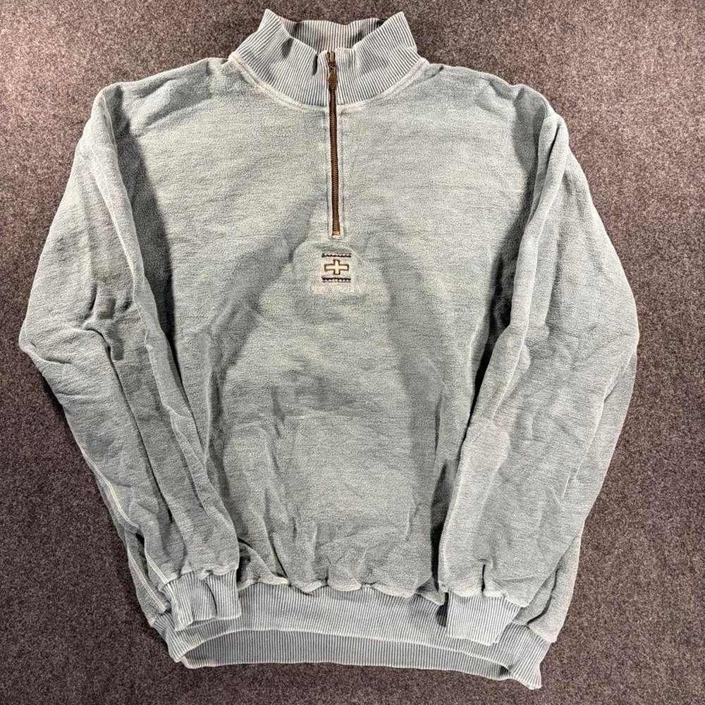 Vintage SDI Cotton Quarter Zip Pullover Sweater XL Blue Grey Classic Casual